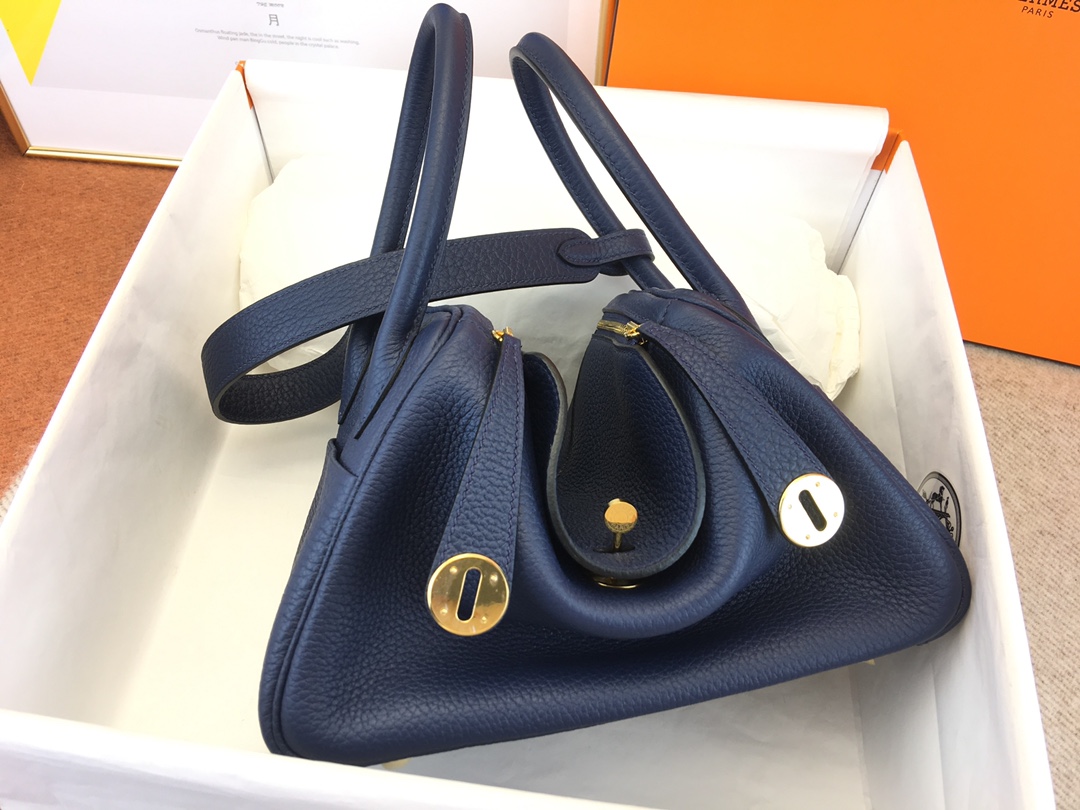 Hermes Lindy 30cm Handbag Shoulder Bag In Blue Nuit Clemence Leather